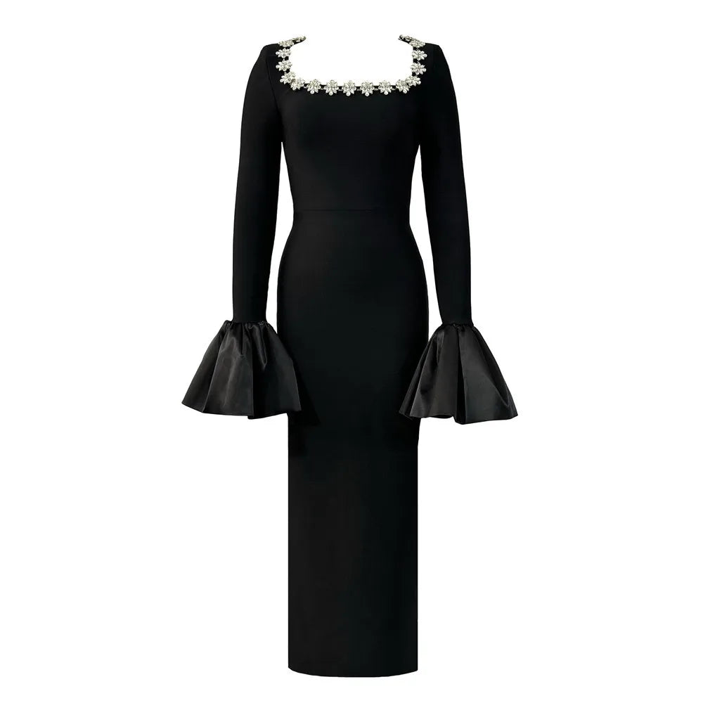 High Quality Women Long Sleeve Sexy Square Collar Shinning Crystal Bodycon Long Bandage Dress Celebrate Evening Party Outfit