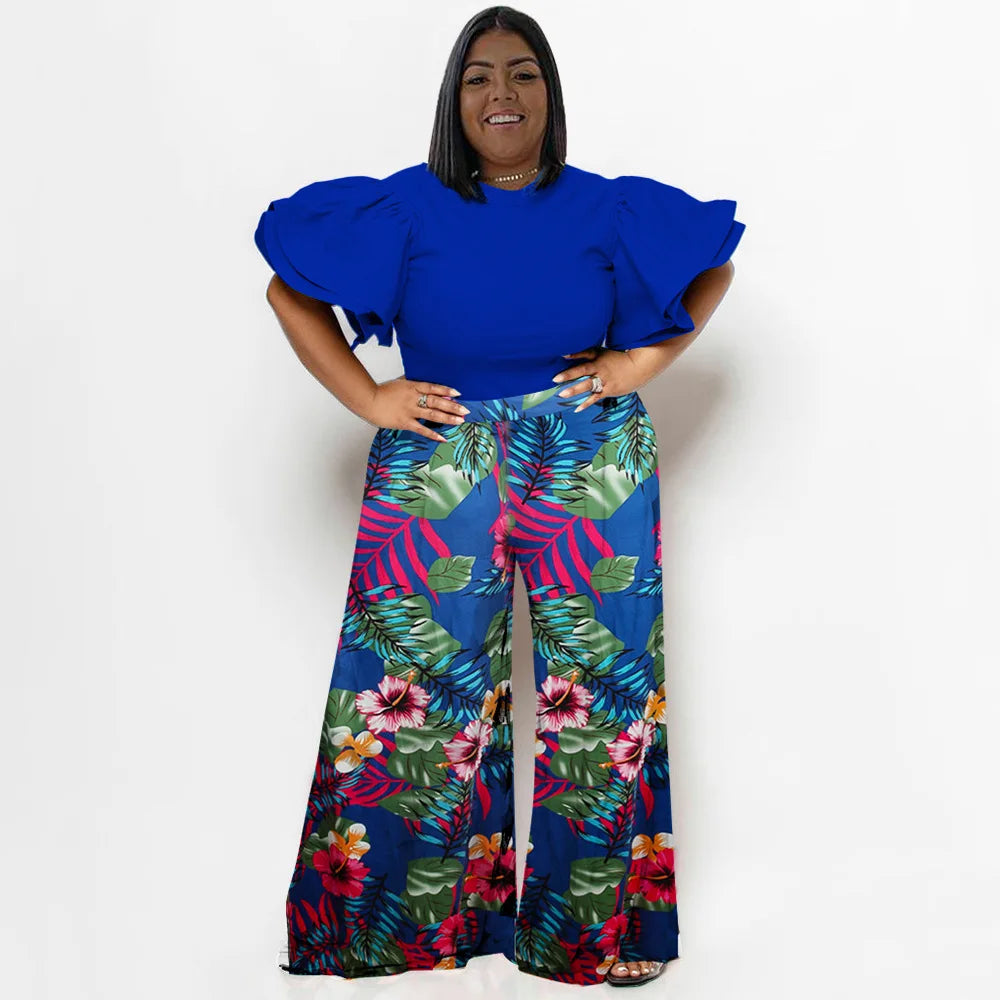 Plus Size Summer 2 Two Piece Set Women Ruffle Pleated Fashion Slim Ladies Blouses Floral Print Loose Pleated Woman Wide Leg Pant