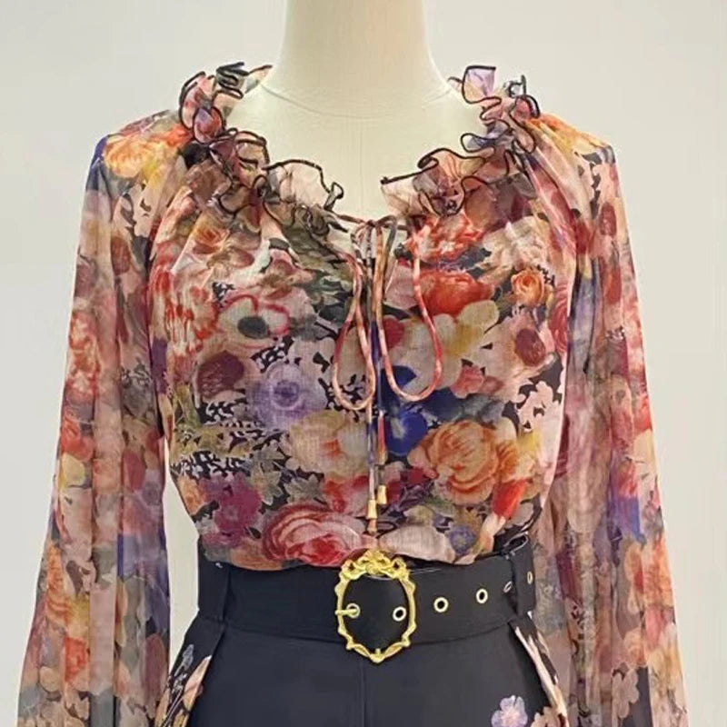 Shot Spot Australia Positioning Printing Top Three-Dimensional Flower Lace-up Top + Wide Leg Shorts Suit Women