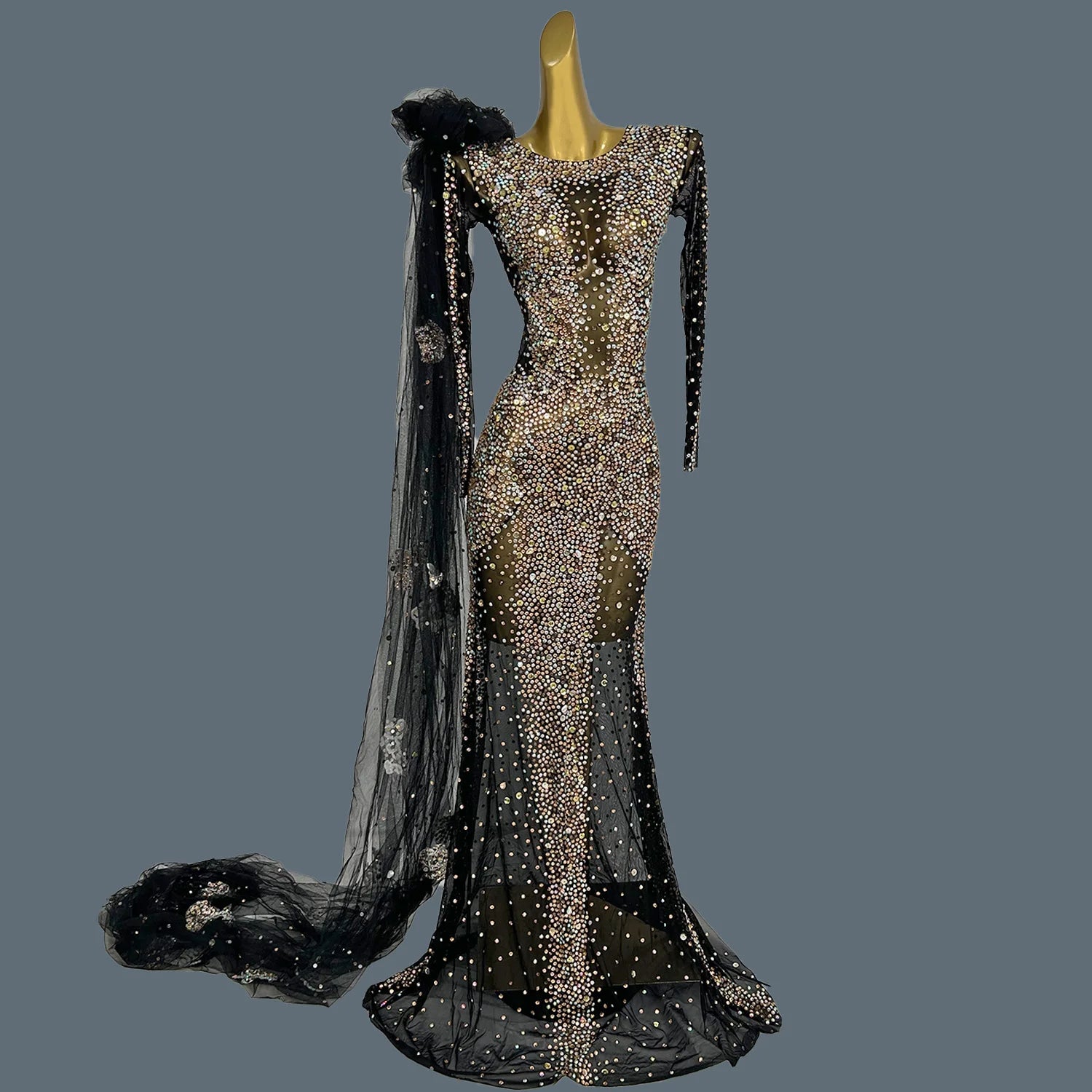 Sparkly Crystals Luxury Sheer Mesh Evening Gown Sexy Women Gauze Long Dress Birthday Wedding Prom Party High-end Outfit Shacha