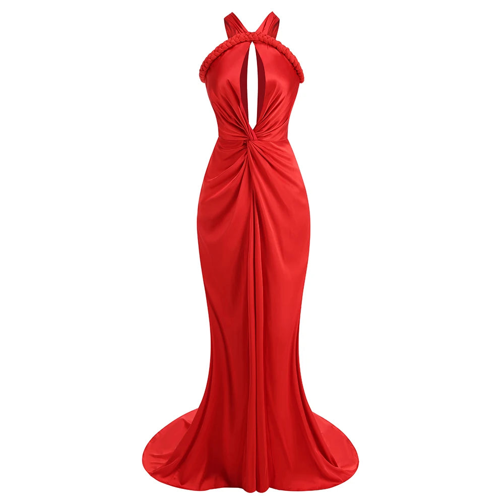 Rosered  Red Color Women Sexy Off the Shoulder Halter Backless Long Mermaid Dress Elegant Evening Party Celebrate Wedding Dress