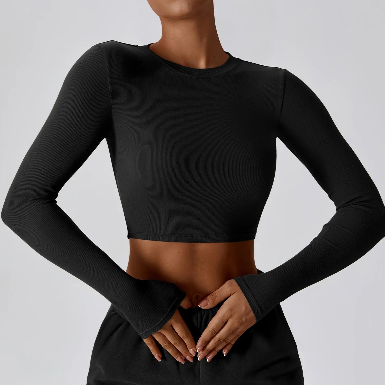 Crop Tops Women Yoga T-shirts Solid Sports Top Long Sleeve Running Shirts Sexy Exposed Navel Quick Dry Fitness Gym Workout Tops Advanced Black CHINA