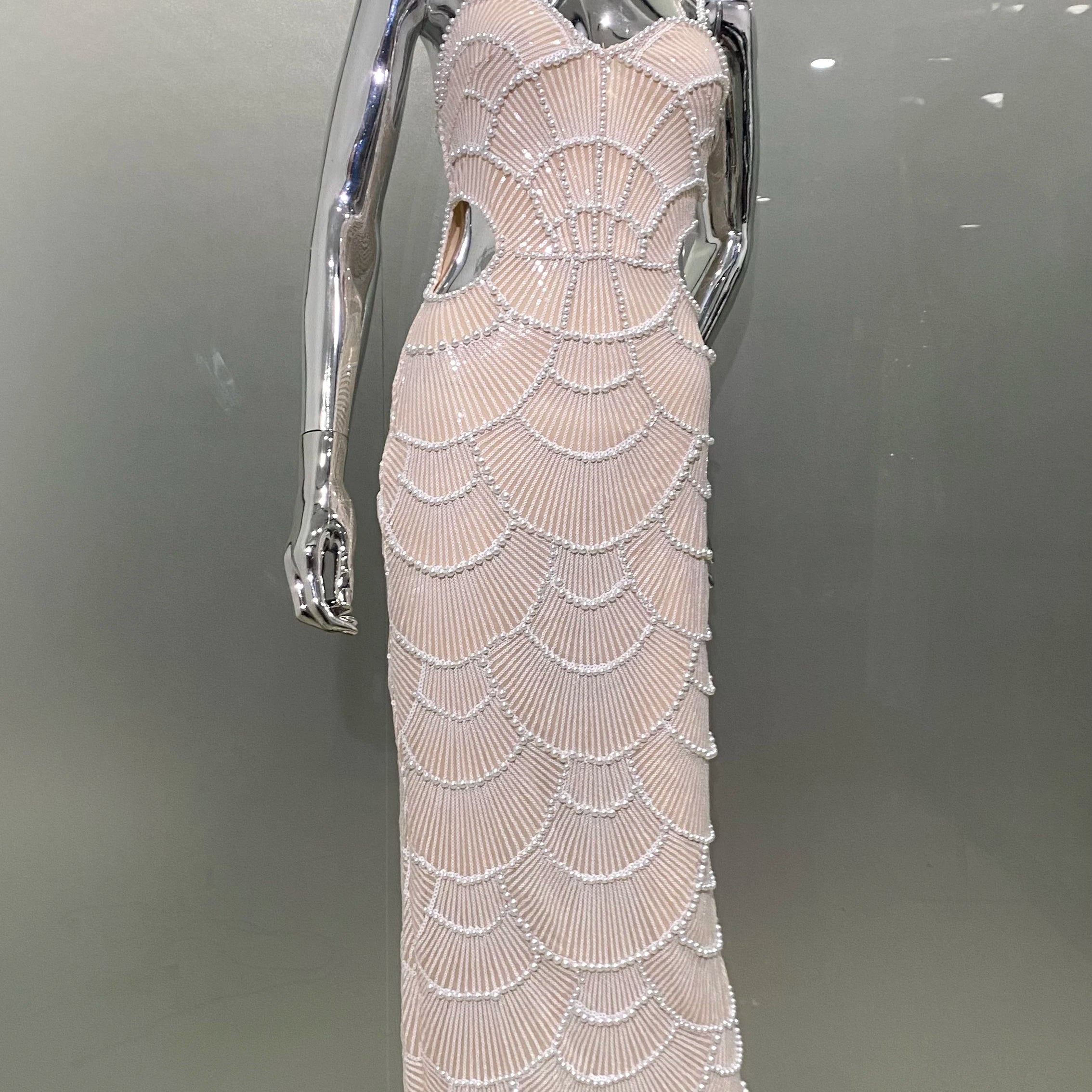 Women Sexy Pearl Beading Sequins Bodycon Mid-calf Dress Fashion Celebrate Evening Party Birthday Dress Wholesale