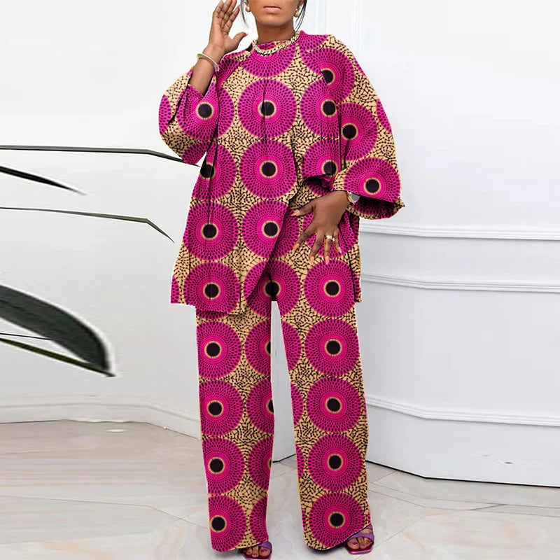 Plus Size VONDA Bohemian Style Printing Outfits Women Elegant Tops Sets O-neck Long Sleeve Casual Loose Two Piece Suits Holiday