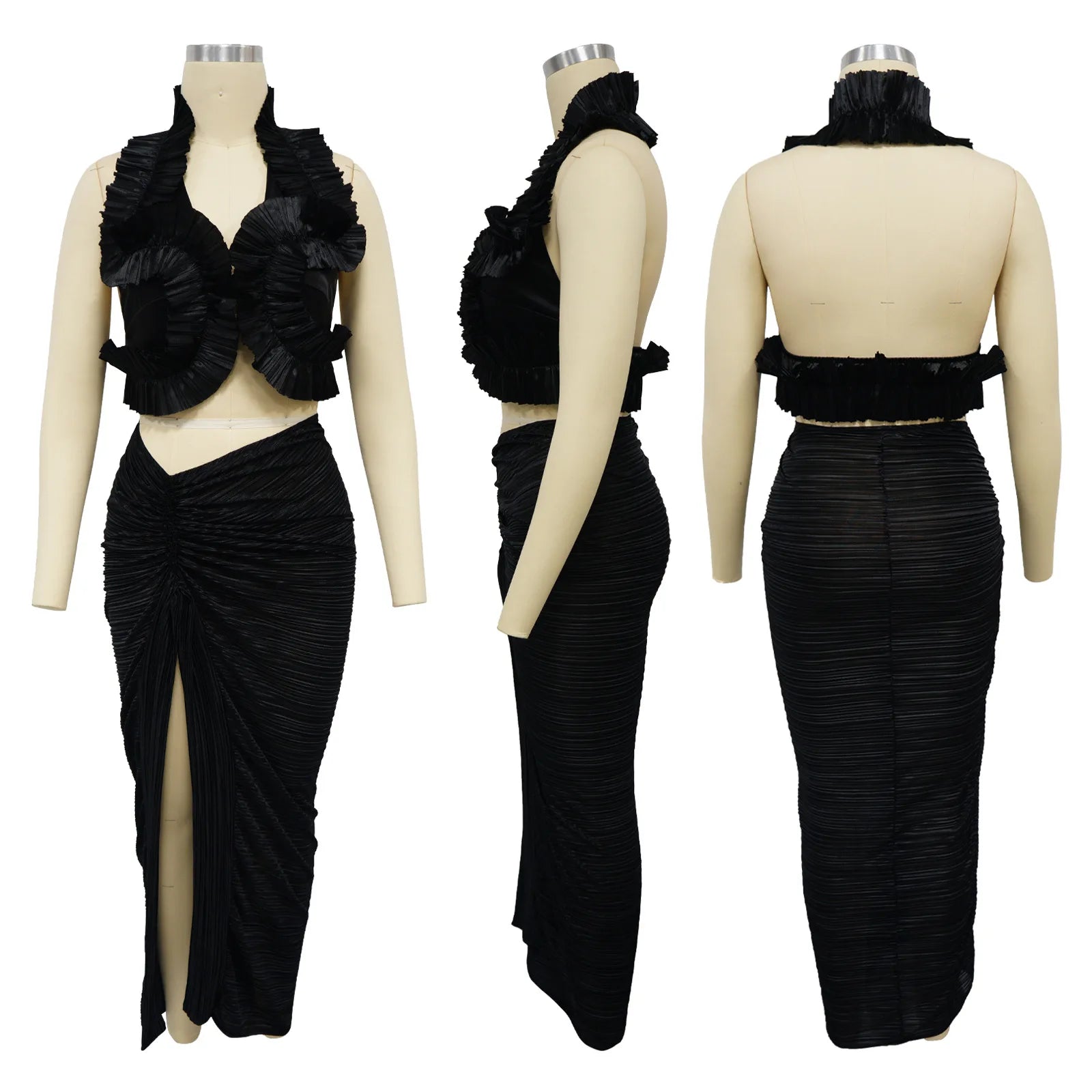 CM.YAYA Women's Set Sleeveless V-neck Ruffles Crop Top and Ruched Split Skirts Suit 2024 Summer Street Two 2 Piece Sets Outfit