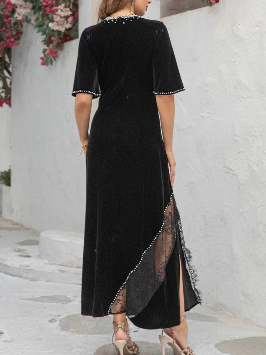 TWOTWINSTYLE Slimming Split Spliced Bead Elegant Dresses for Women Round Neck Half Sleeves Patchwork Lace Dress Female Clothing