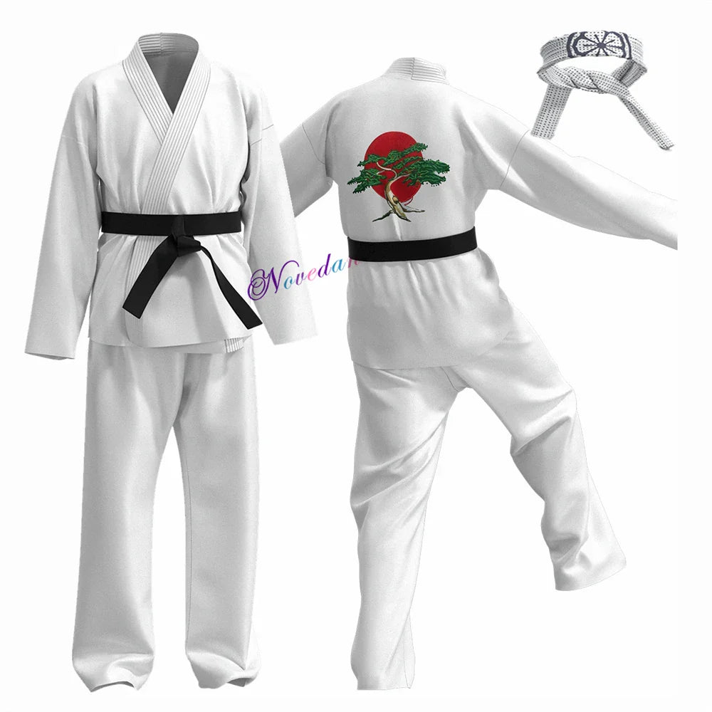 Karate Kids KOF Cobra Kai Cosplay Costume Kid Aldult Black White Kimono Uniform Headband Anime Halloween Party Suit Tracksuit White Karate Uniform Cobra Kai