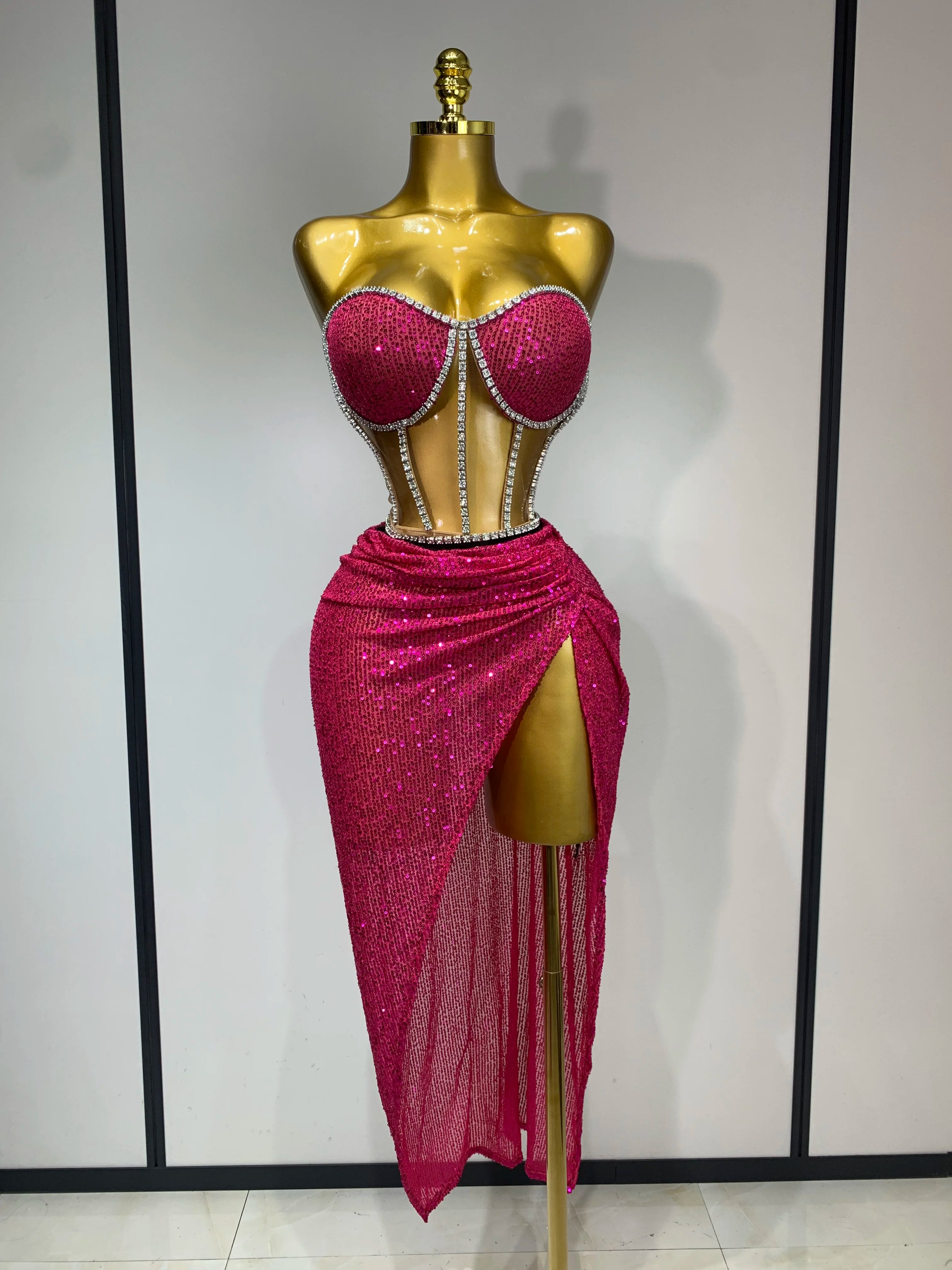 Women Sexy Nightclub Skirt Sets Strapless Diamonds Sequines Two Piece Sets Gogo Performance Outfit Evening Party Birthday Dress