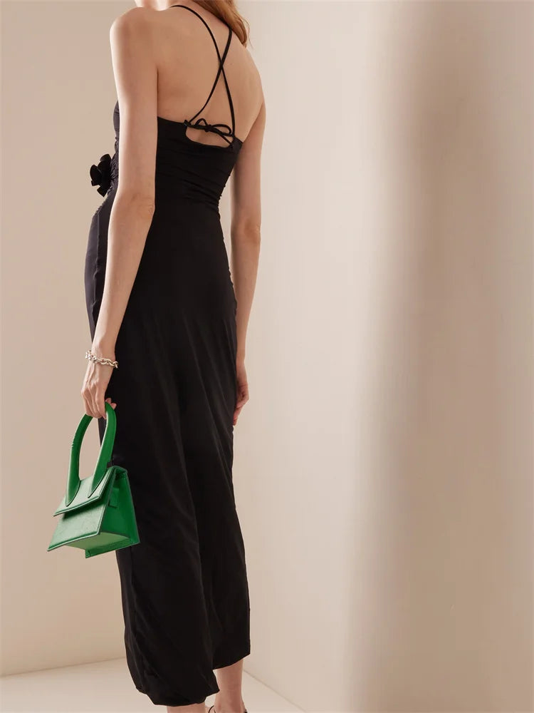 Women Sexy Halter Hollow Out 3D Flowers Long Dress Y2K Summer Off Shoulder Backless Bodycon Elegant Dresses Night Party Clubwear