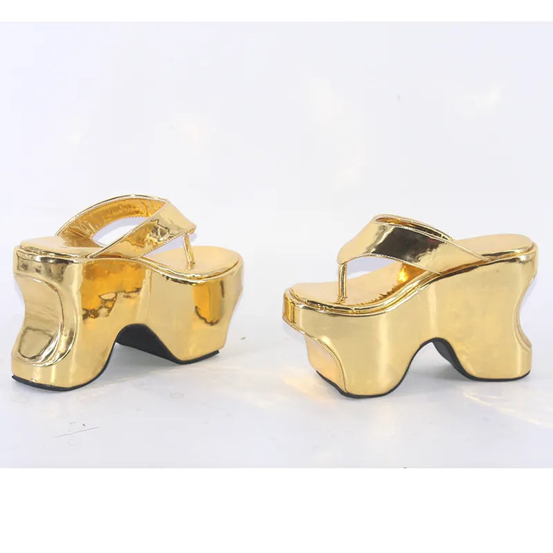 Wonderheel Summer 12cm Height Increasing Heels Platform Japanese Modern Women Sandals Mirror Leather Slip On Big Size