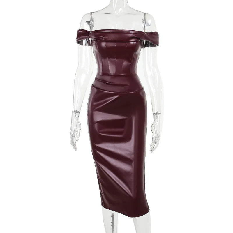 Women's Sexy Style Waist Shaping Drop Shoulder Sling Leather Dress One-Neck Smocked Long Skirt Claret
