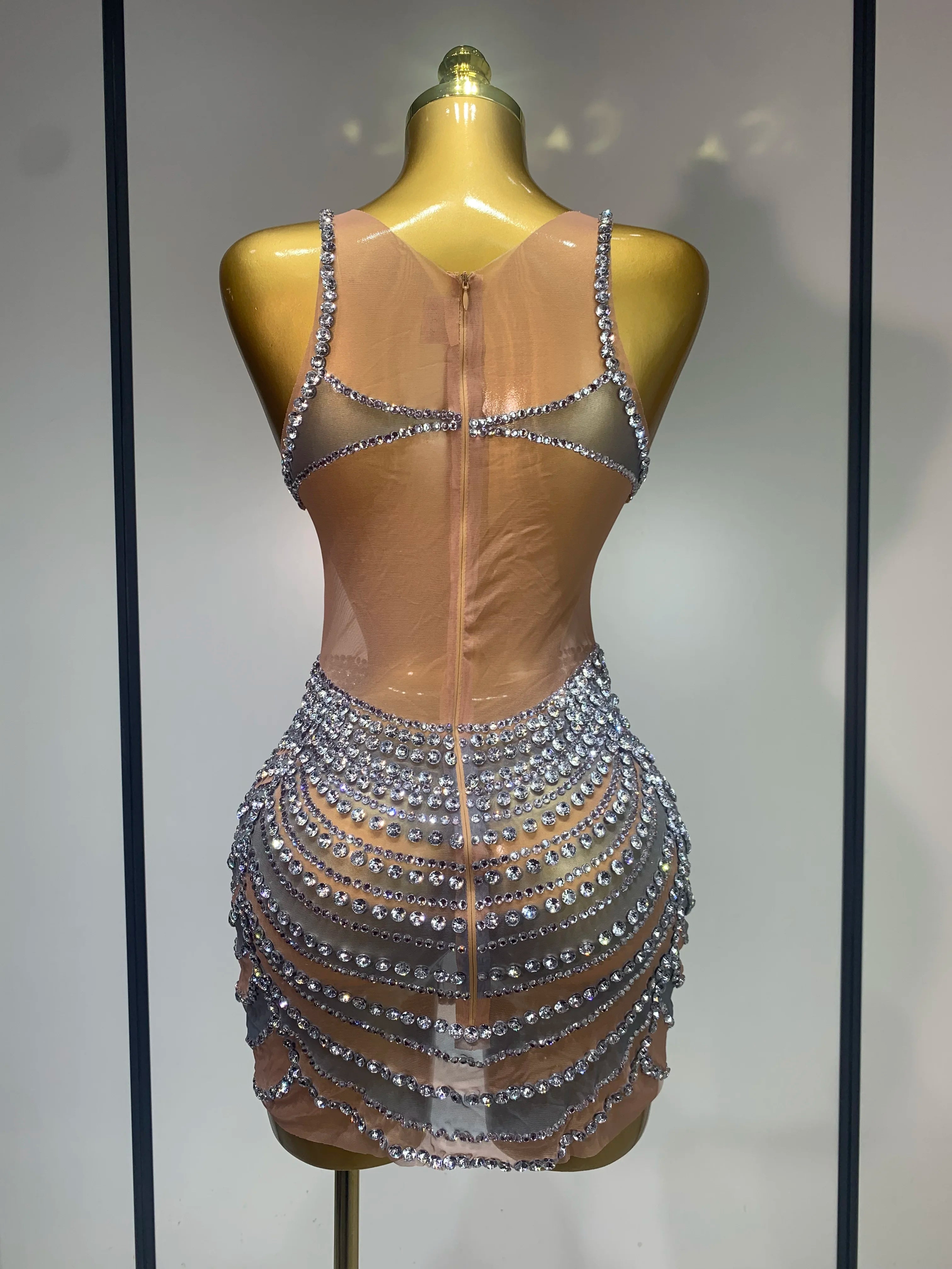 Sparkly Rhinestones Sleeveless Mini Dress Evening Birthday Celebrate Evening Party Dress Nightclub Stage  Performance Costume