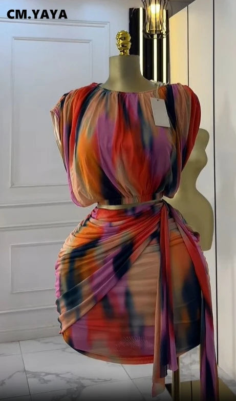 CM.YAYA Tie Dye Printed Women's Set Ruched Short Sleeve T-Shirt Tops and Stacked Mini Skirts Suit 2025 Two 2 Piece Sets Outfit