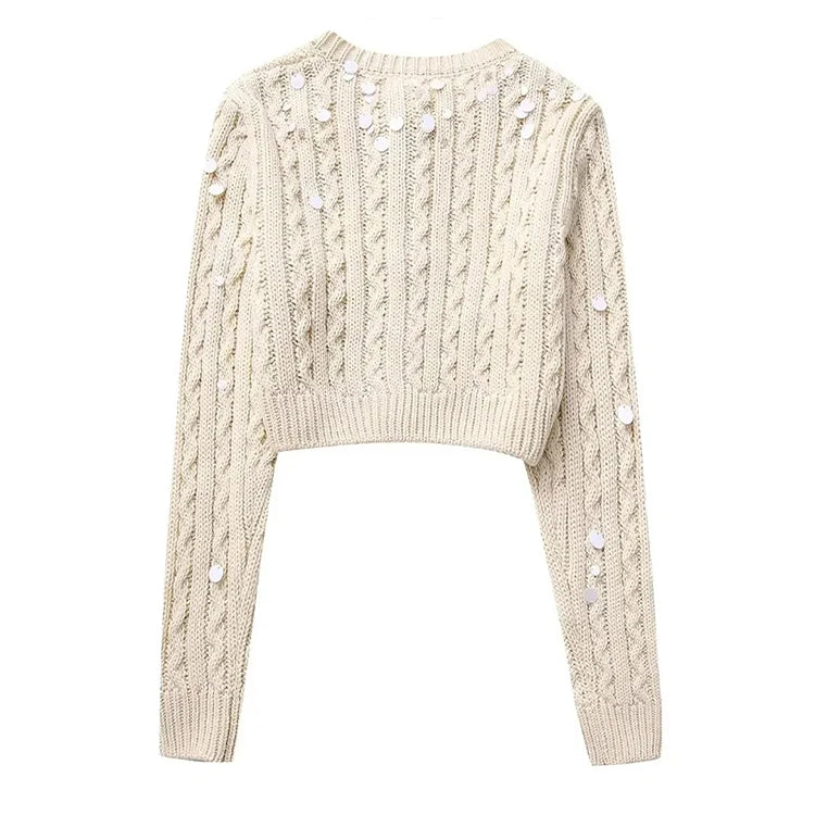Women Fashion With Beading Cropped Knit Cardigan Sweater Vintage Long Sleeve Front Button Female Outerwear Chic Tops