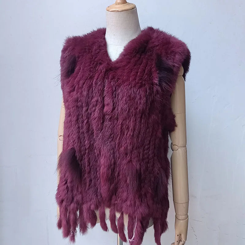 New Women Burgundy Knitted Real Fur vest with tassel V-neck fluffy Genuine Fur Gilet Hot Sale Natural Rabbit Waistcoat