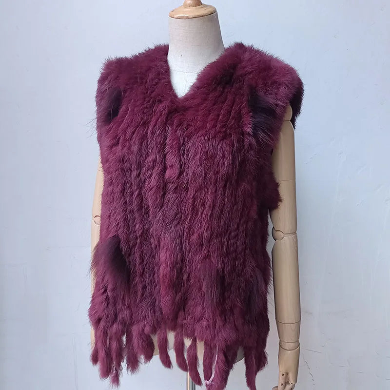 New Women Burgundy Knitted Real Fur vest with tassel V-neck fluffy Genuine Fur Gilet Hot Sale Natural Rabbit Waistcoat