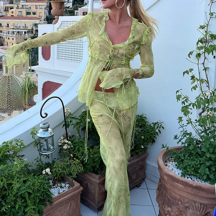 FSDA Print Y2K Mesh Long Sleeve Top Shirts Green And Maxi Skirt Bodycon Sexy Two Piece Sets Beach Outfits Women Club green