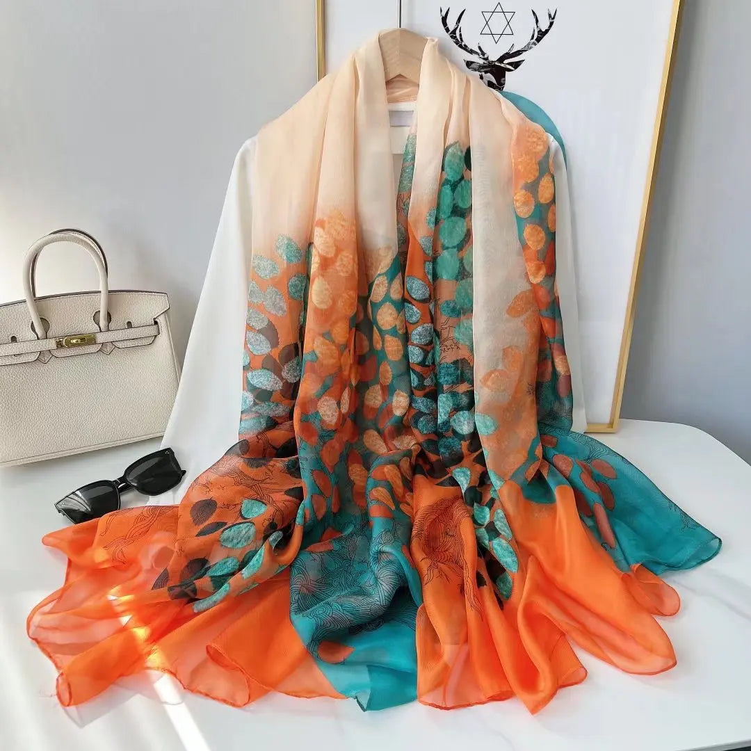 Print Silk Scarf Hijab Women Spring Deisgn Soft Beach Stoles Elegant Head Scarves Echarpe Shawl Satin Large Wrap Echarpe Bandana see chart 30