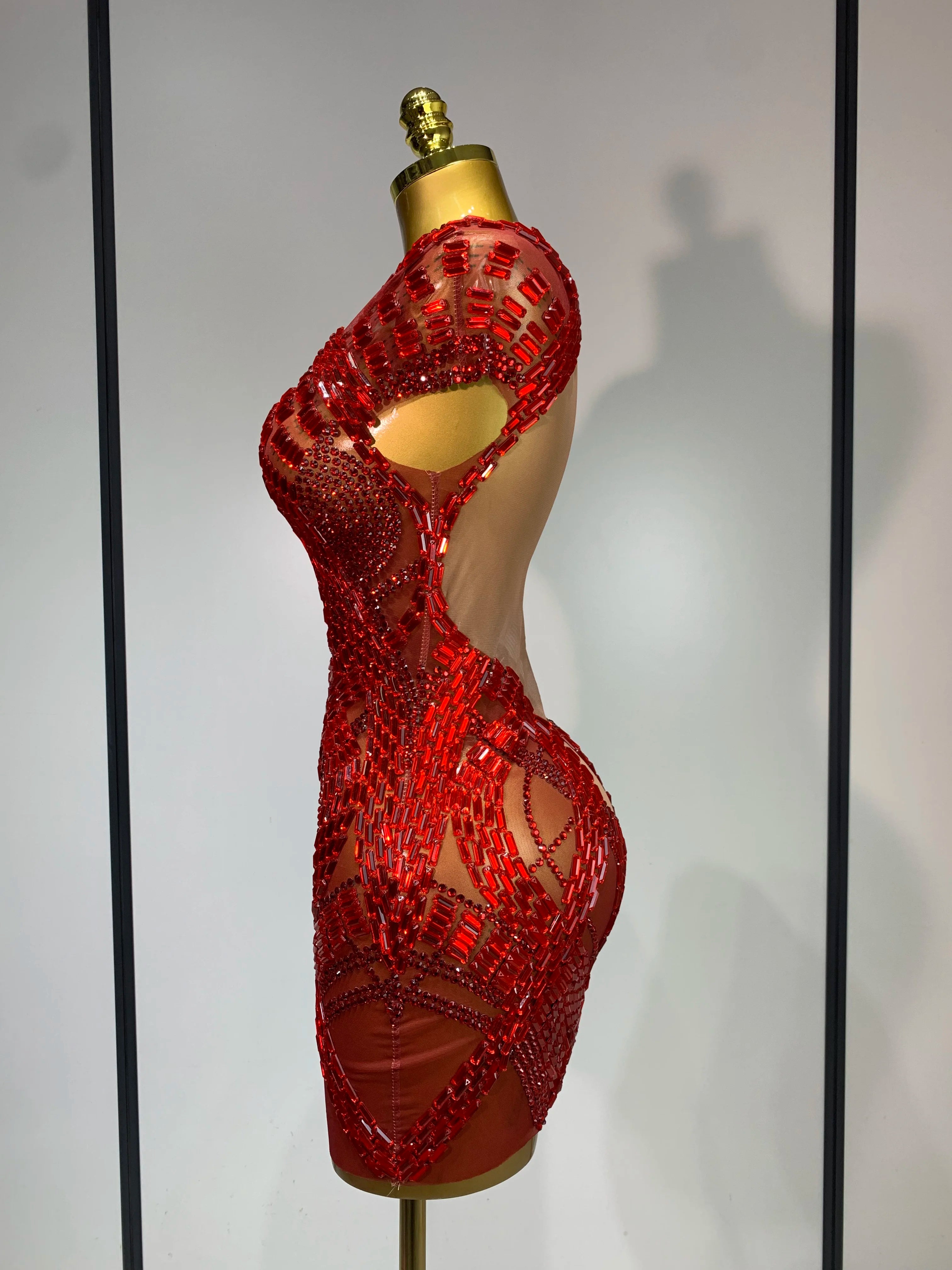 Luxury Rhinestones Sexy Mesh See Through Mini Dress Women Celebrate  Birthday Evening Party Dress Stage Performance  Costume