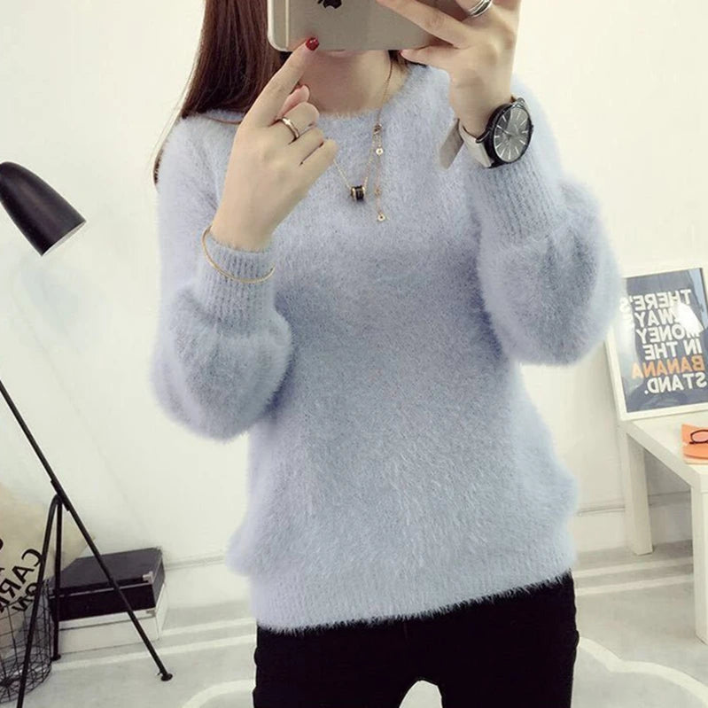 Winter Imitate Mink Wool Hot Fleecing Female Casual Sweater O-neck Long Puff Pink Solid Women Knitted Tops Elastic Pullovers Grey One Size