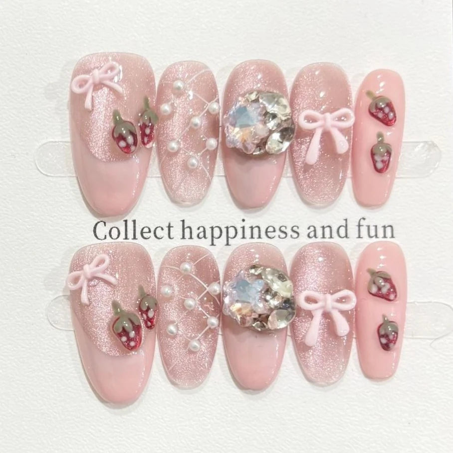 10Pcs Pink 3D Bow Design Oval Fingertips Glitter Cat Eye Mid-length Almond Press on False Nails Cute Love Princess Waerable Nail