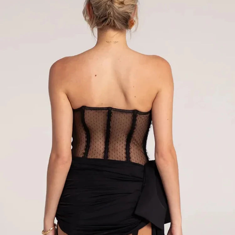 VC Black Lace Bow Mini Dress See Through Ruched Short Dress Celebrity Night Club Wear Cocktail Party Outfits