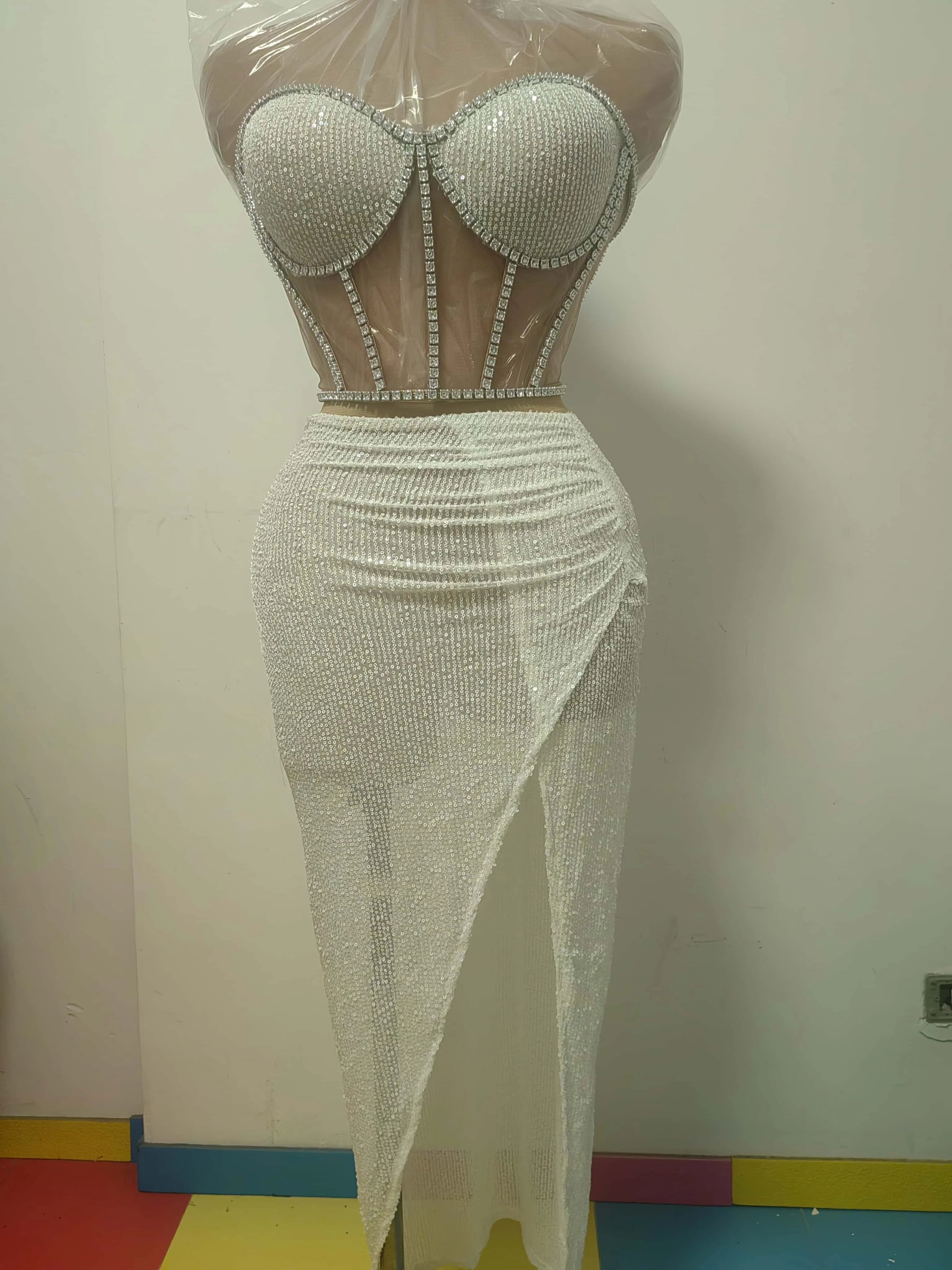 Stunning Sparkly Rhinestone Sequins Streamer Theme Party Hollow Out Tops Skirt 2Pieces Set Suit Festival Event Bodycon Tangguo