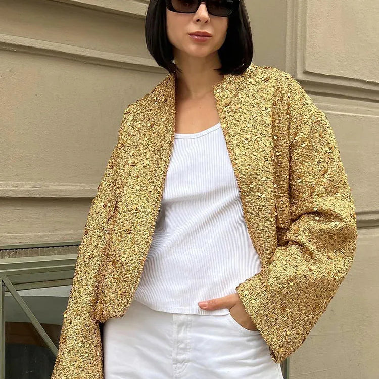 TRAFZA Women Fashion Shiny Sequin Jacket Y2k Gold Color Stand Collar Long Sleeve Short Coat Autumn Winter Ladies High Streetwear