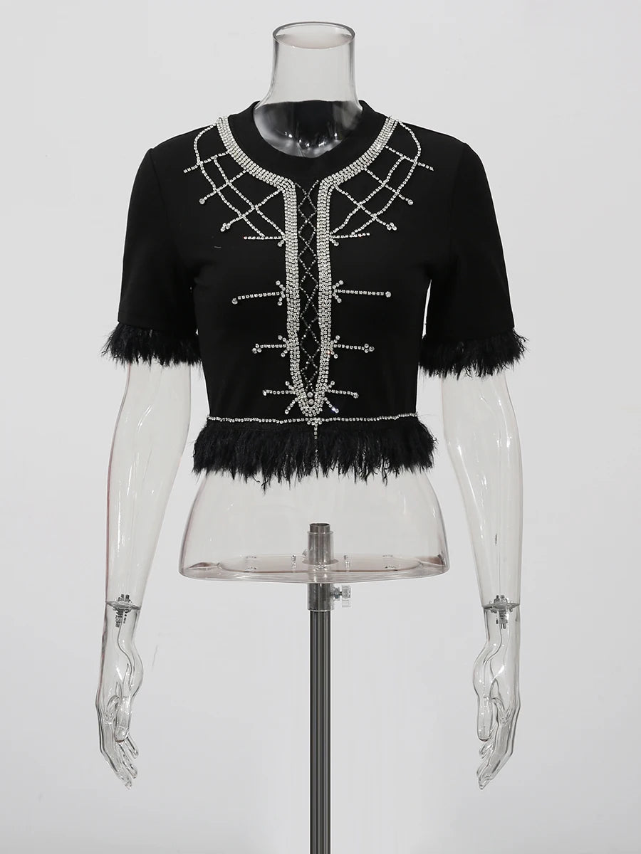 TWOTWINSTYLE Slimming Spliced Diamond Elegant T Shirts for Women Round Neck Short Sleeves Patchwork Tassels Tees Femlae Fashion