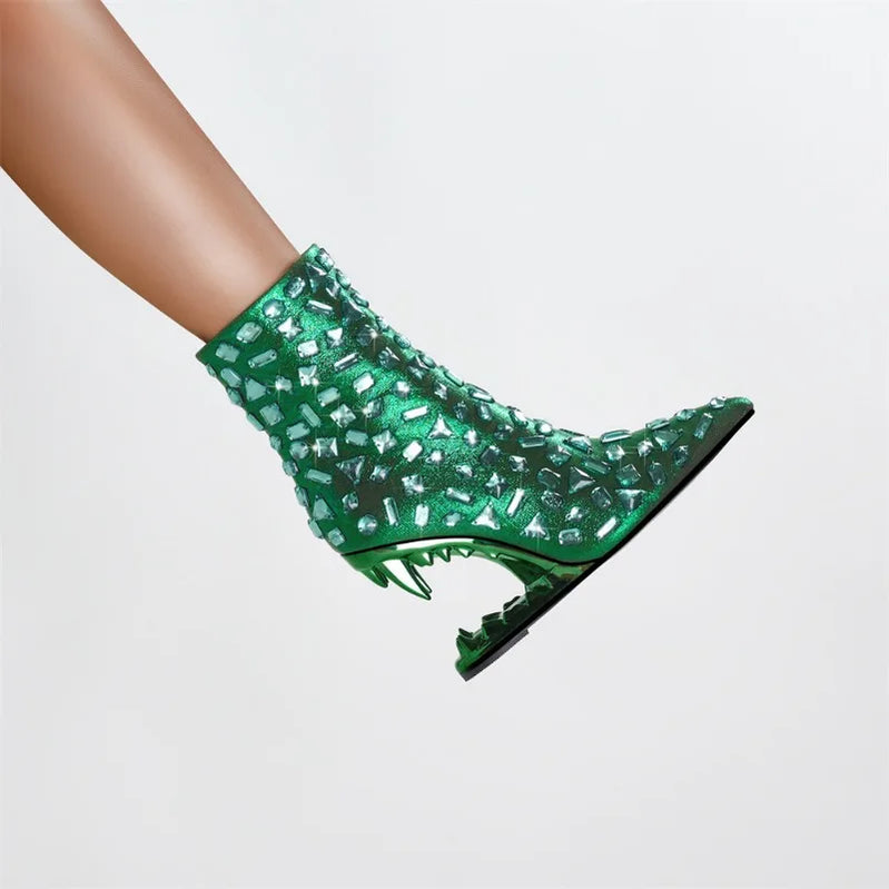 European and American Light Luxury Water Diamond Shaped Tiger Teeth High Heel Boots Women's Sexy Side Zipper Short Boots