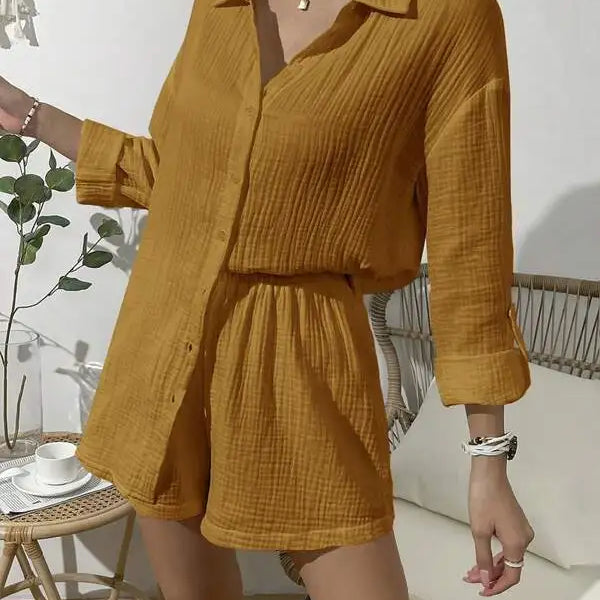 100% Cotton Gauze Muslin Sets For Women 2 Pieces Long Sleeve Shirts And Loose High Waist Mini Shorts Sets Ensemble Femme caramel CN