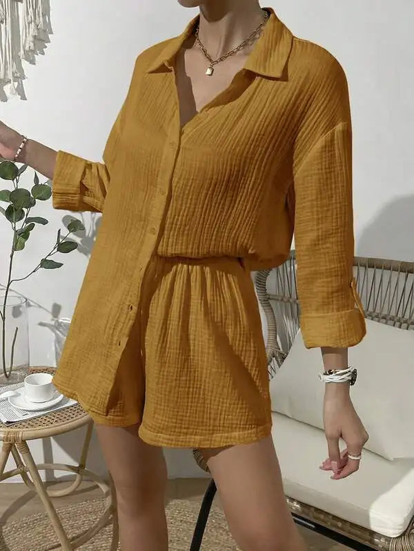100% Cotton Gauze Muslin Sets For Women 2 Pieces Long Sleeve Shirts And Loose High Waist Mini Shorts Sets Ensemble Femme caramel CN