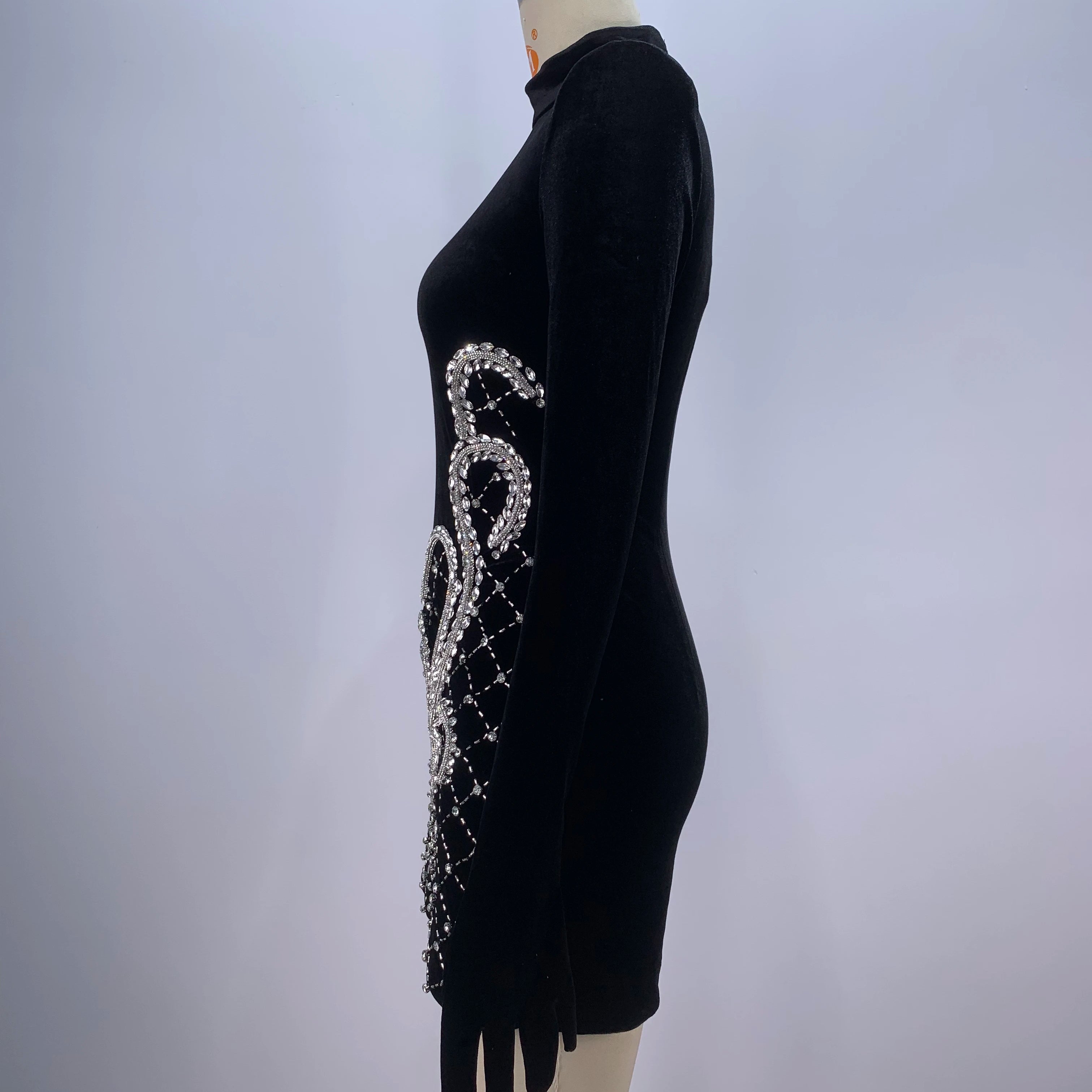 Fashion Women Long Sleeve Gloves Velvet Bodycon Mini Dress Sparkly Crystal Fashion Nightclub Party Cocktail Dress