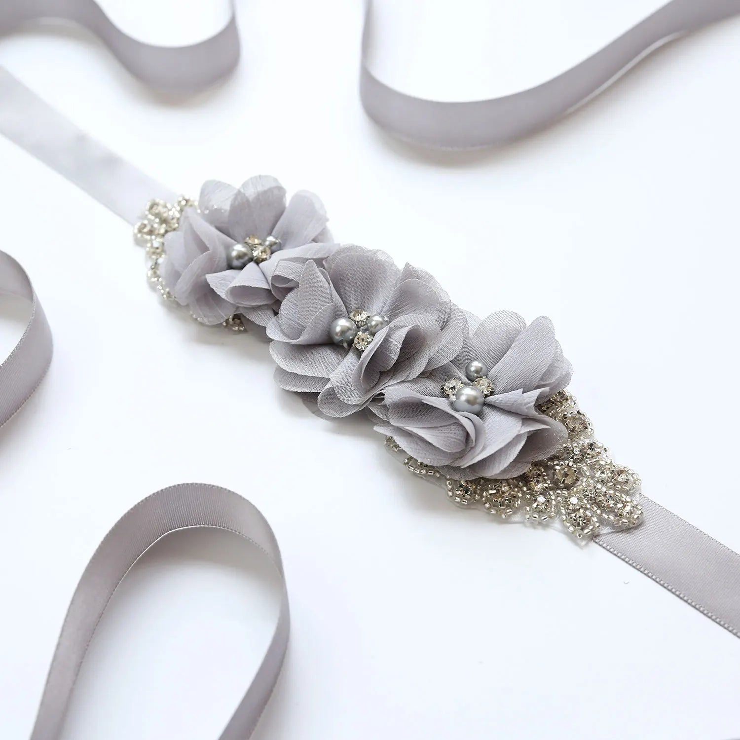 Wedding Accessories Bridal Belts Satin Flower Sash Woman Girl Belts Flower Bead Belts Floral Belt Wedding Rhinestone Flower Belt 2-Gray