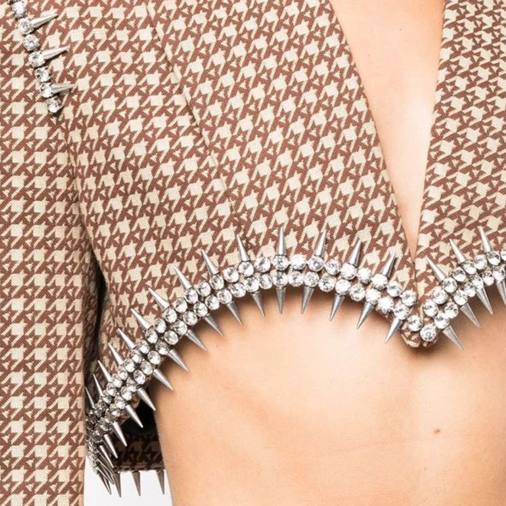 TWOTWINSTYLE Solid Two Piece Set For Women Notched Collar Long Sleeve Spliced Diamond Blazer High Waist Skirt Casual Set Female