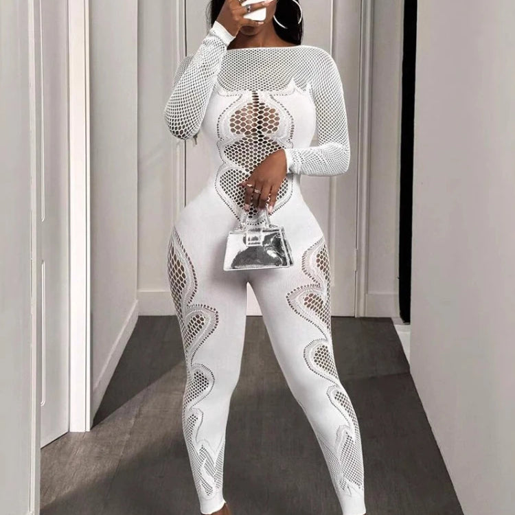 CM.YAYA 2025 O-neck Full Sleeve Women Mesh Hollow Out Jumpsuits Casual Night Club Sexystreet Sexy Perspective Outfits Rompers