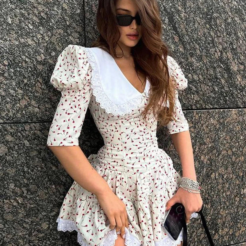 Clacive Summer Slim Print Women'S Dress Bodycon Doll Collar Short Sleeve Mini Dresses Elegant Lace Patchwork Female Dress Beige CN