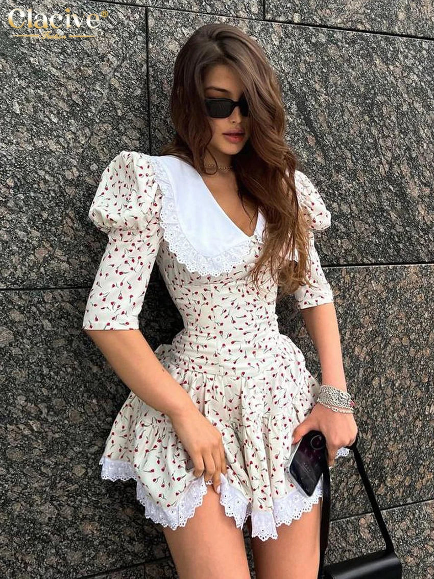 Clacive Summer Slim Print Women'S Dress Bodycon Doll Collar Short Sleeve Mini Dresses Elegant Lace Patchwork Female Dress Beige CN