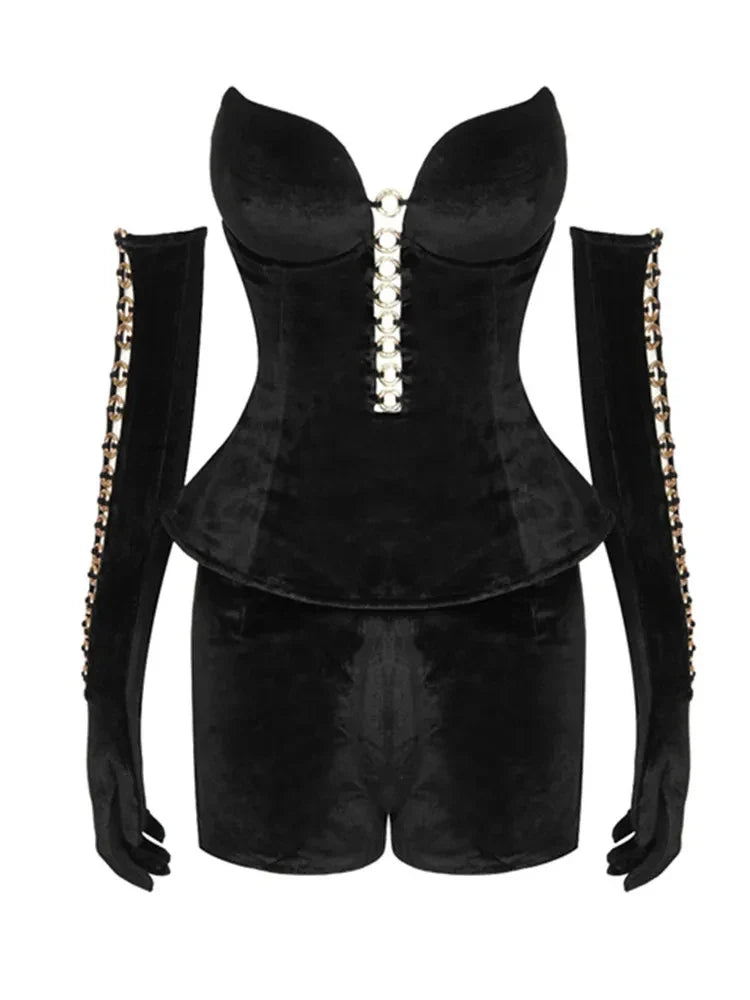 Luxury Women Winter Sexy Strapless Backless Circle Sequined Black Mini Skirt Set Elegant Evening Club Party Outfits