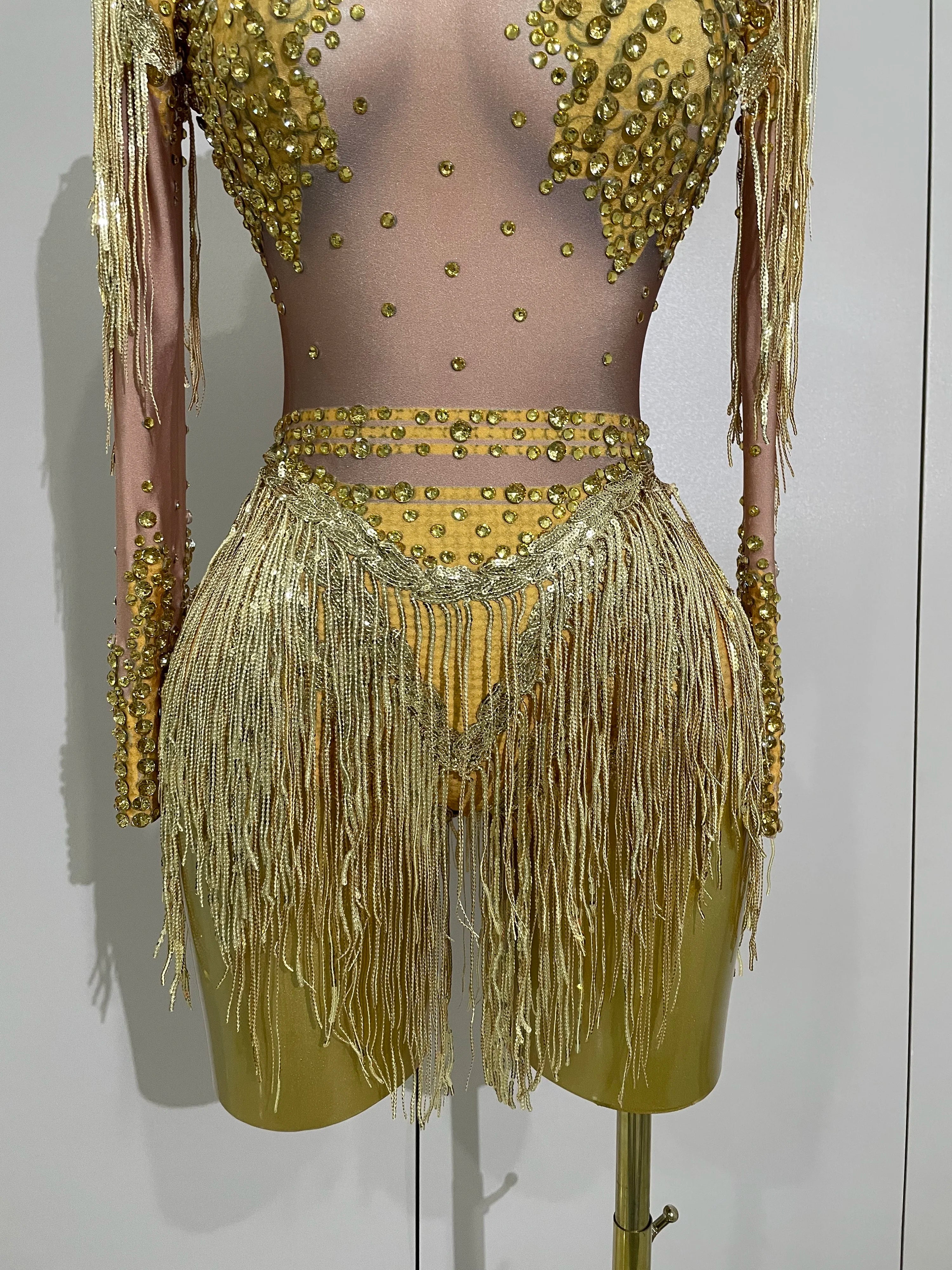 Sparkly Rhinestone Sequin Tassel Stretch Bodysuits 2025 New Arrival Women  Birthday Party Nightclub Dj Stage Performance Costume