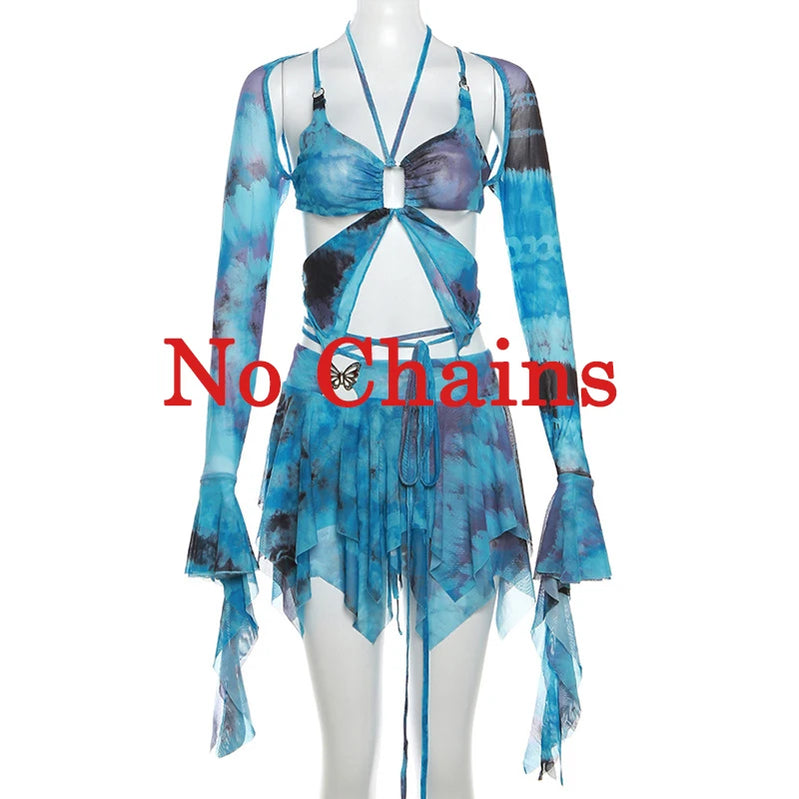 Zenaide Fall Mesh Butterfly Women 3 Piece Set Bandage Cami+Irregular Skirt+Fairy Festival Crop Top Tie Dye Rave Party Outfit Y2K Blue Set
