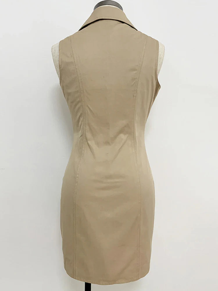 Top Quality Newest Stylish Summer Designer Women's Sleeveless Notched Collar Double Breasted Lion Buttons Mini Cotton Dres