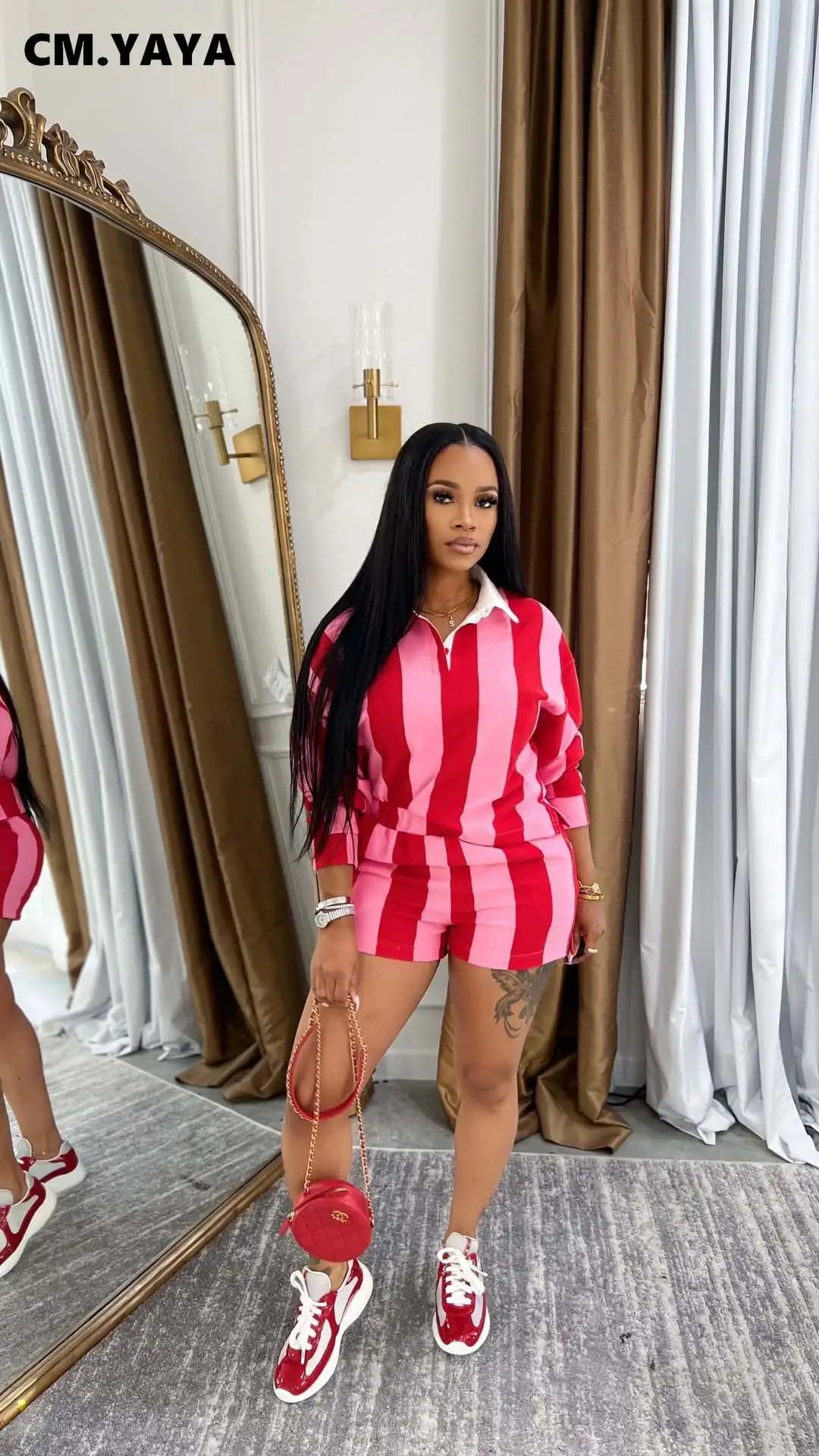 CM.YAYA Striped Women's Set Pleated full Sleeve Turn-down Collar Polo-t-shirt and Shorts 2025 Two 2 Piece Sets Outfit Tracksuits