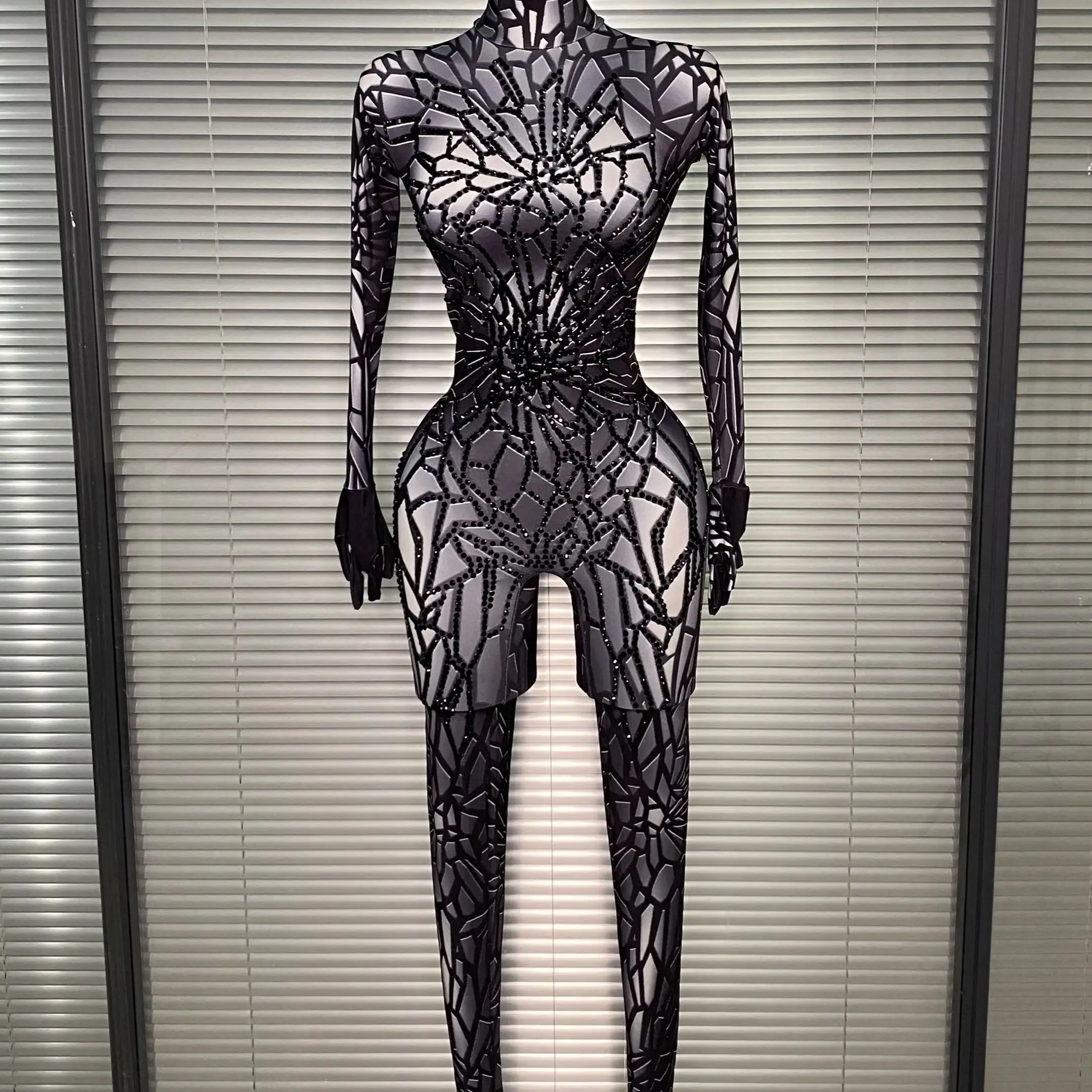Women Sexy Black Y2K Crystal Jumpsuit Celebrity Designer Stretchy Mesh Singer Dancer Stage Night Club Rompers