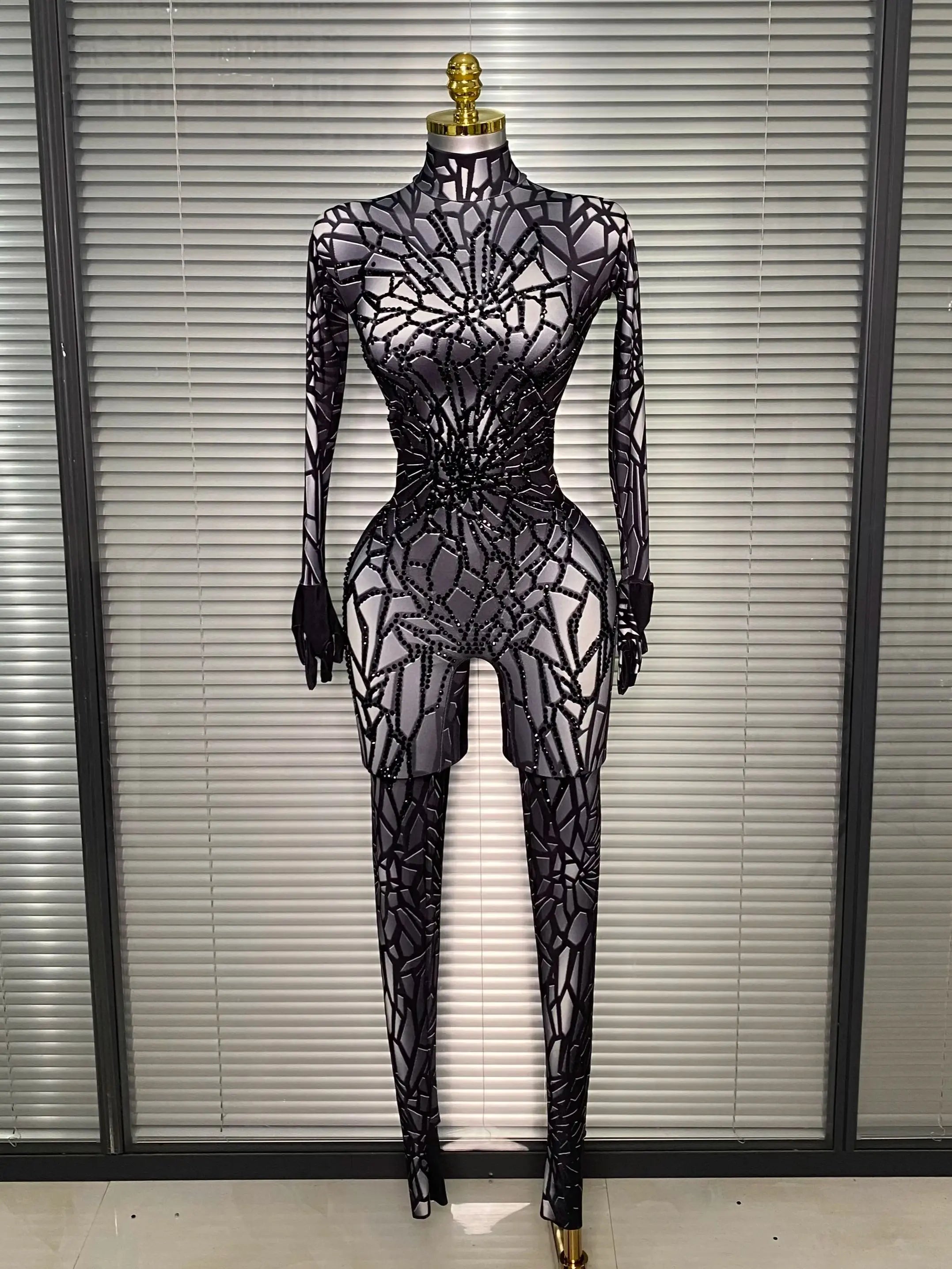 Women Sexy Black Y2K Crystal Jumpsuit Celebrity Designer Stretchy Mesh Singer Dancer Stage Night Club Rompers