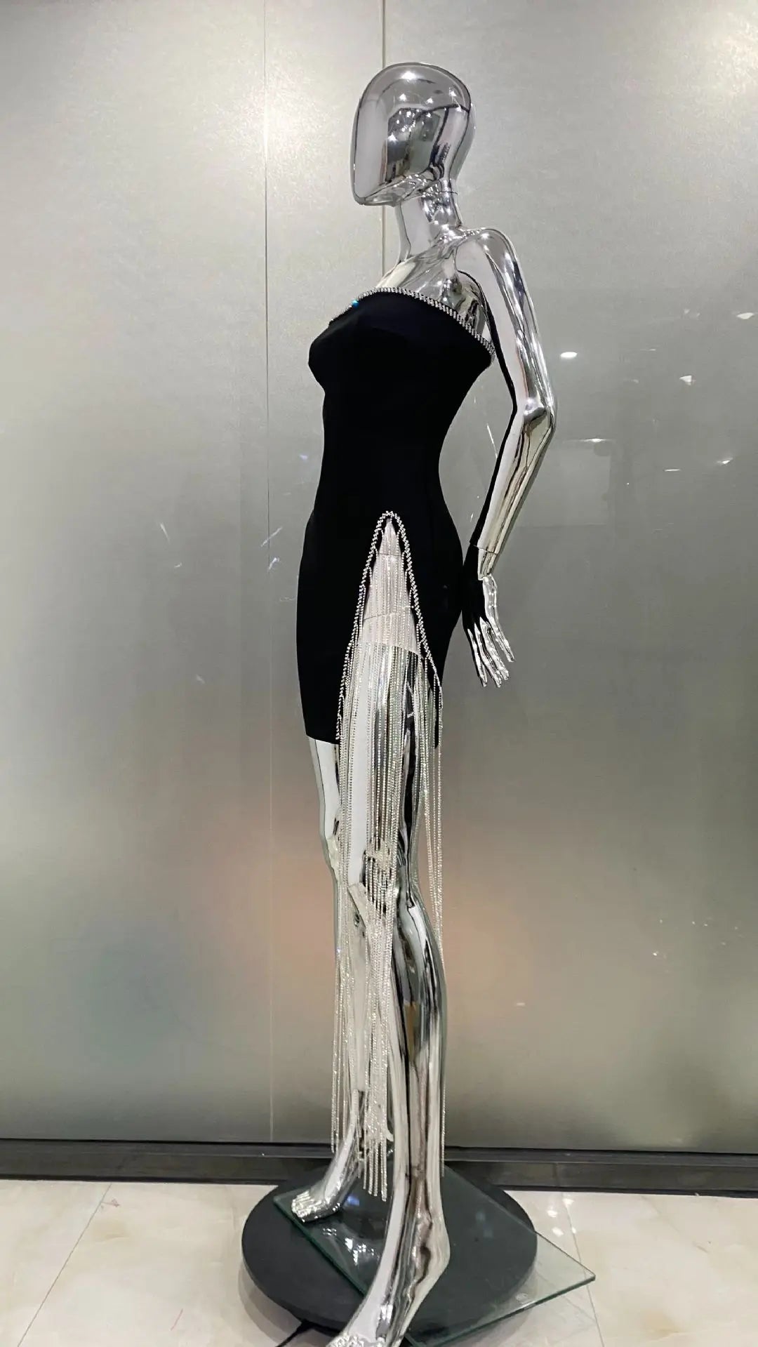 STOCK Shining Diamond Chain Sexy Slit Strapless Black Bandage Mini Dress Woman Birthday Party Dress Nightclub Party Outfit