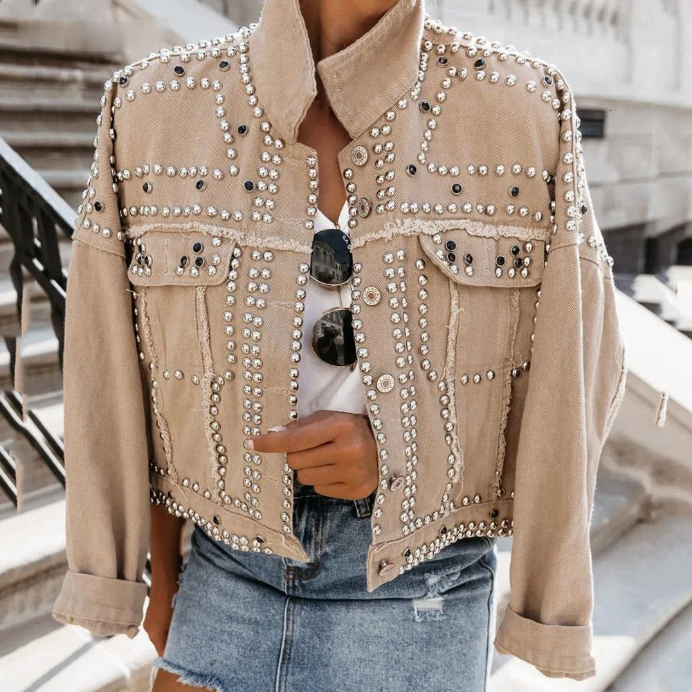 Women Outwear Studded Denim Jacket Spring Autumn Lapel Loose Single Breasted Buckle Casual Short Jeans Coats