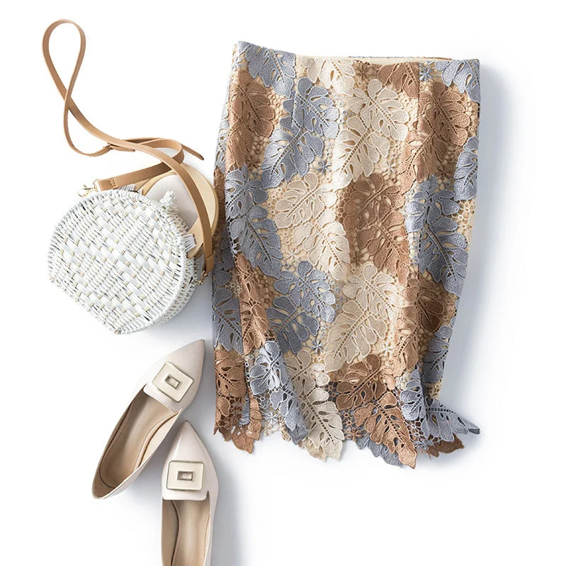 Women Brown Lace Midi Pencil Skirt Bi-material Skirt For Suits With Zipper Long Floral Fashion SKirts Jupe Femme Bi Matiere