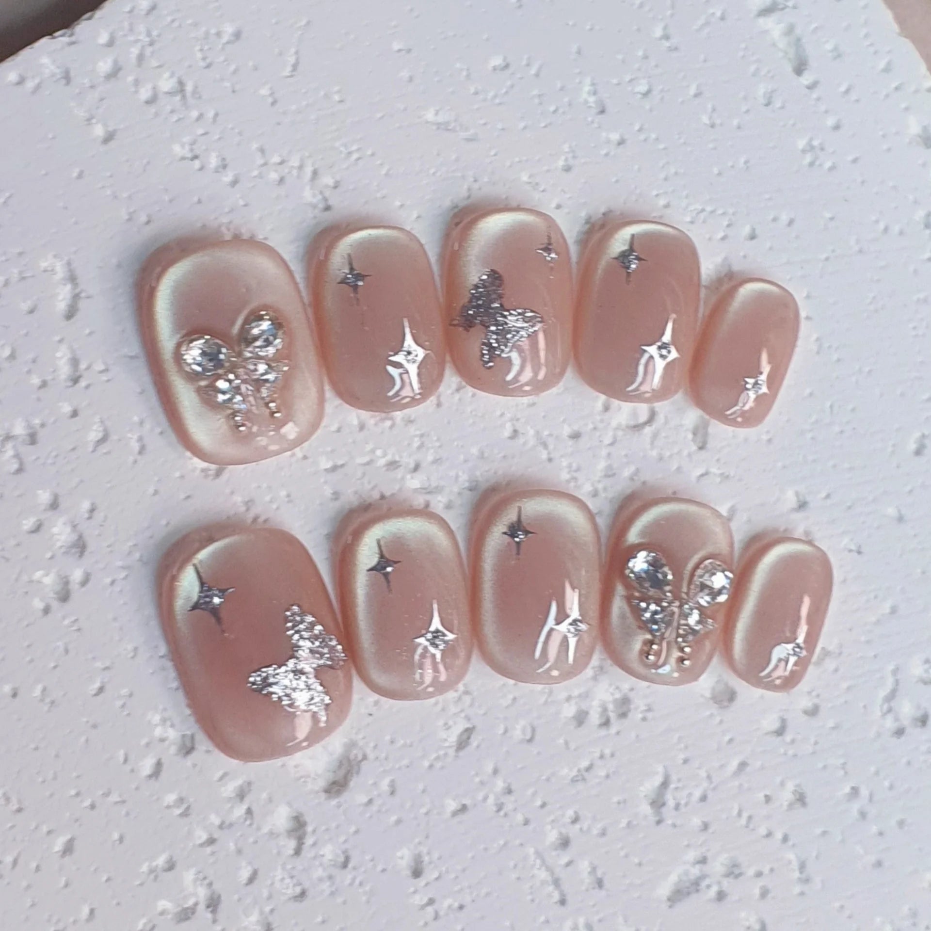 10pcs Cat's Eye Handmade Fake Nail Tips with Bow Flower Brown Short Square Round False Nails Art Wearable Pearl Press on Nails