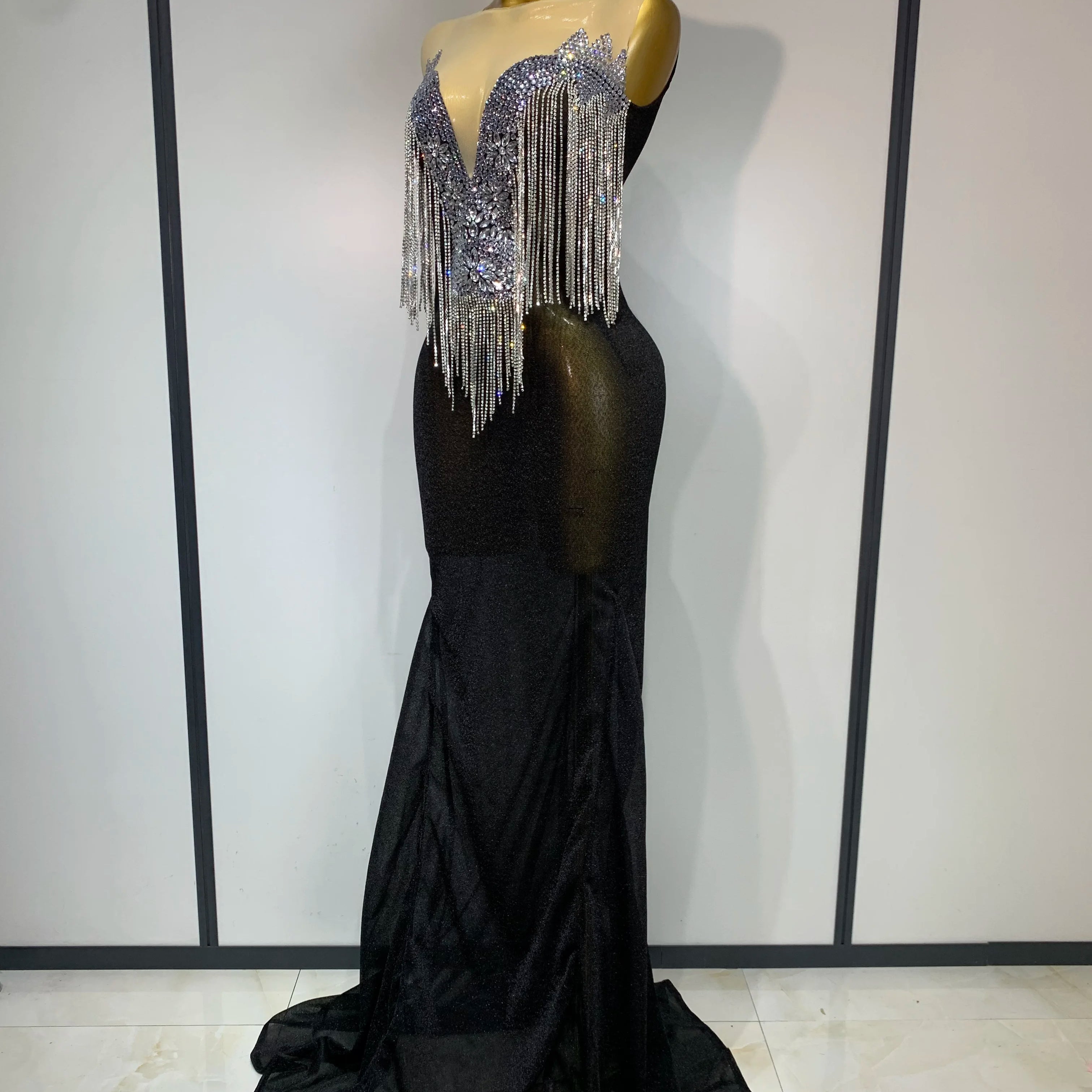 Women Sexy Sparkly Rhinestones chain Celebrity Elegant Maxi Long Dress Luxury Birthday Prom Gowns Stage Show Performance Costume